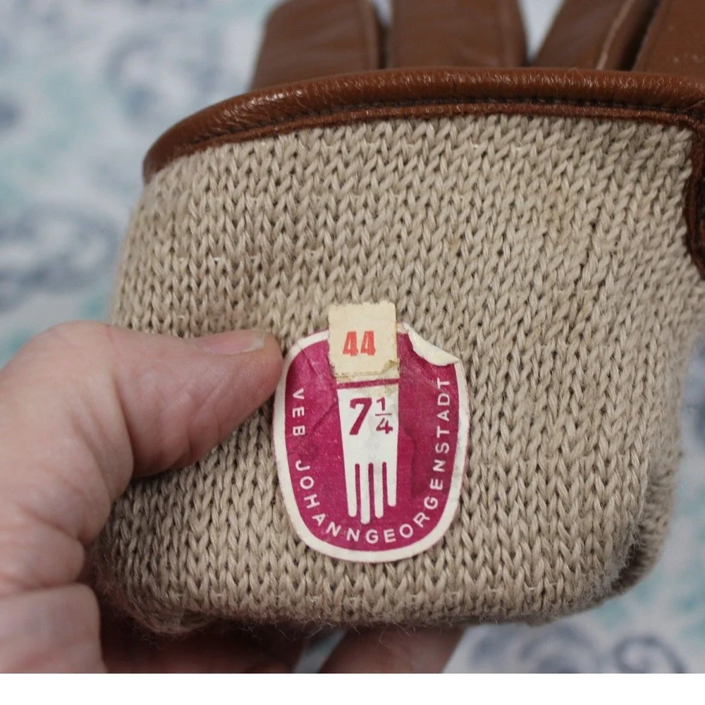 Vintage VEB‎ Johanngeorgenstadt Brown Leather Knit Lined Gloves Size 7 1/4 GDR